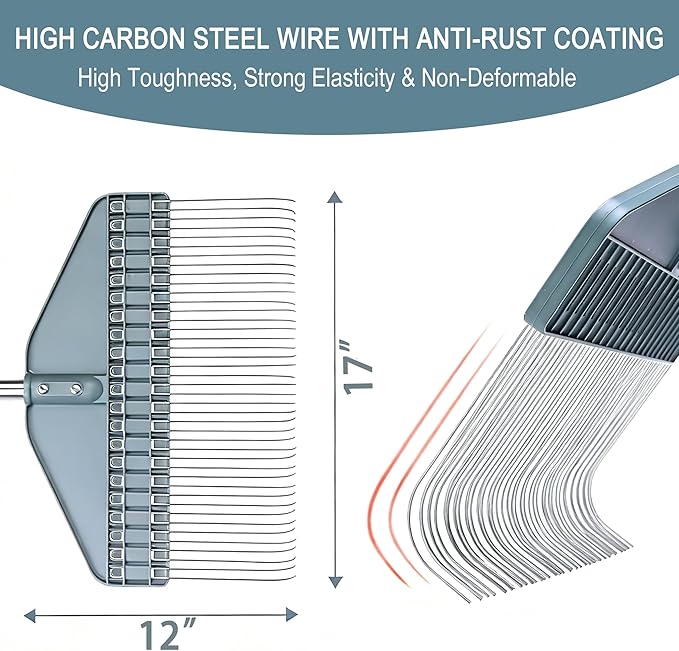 Thatch Rake & Leaves Rake 66-Inch Adjustable S/S Handle Heavy-Duty Design for Garden Lawns and Farms Ideal for Cleaning Up Dead Grass Fallen Leaves and Animal Bedding Dethatcher rake