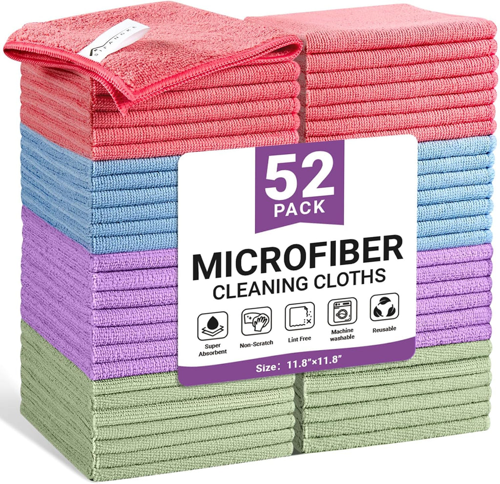 Microfiber Cleaning Cloth, 52 Pack Assorted Color Cleaning Rags for Housekeeping, Colorful Reusable Microfiber Towels for Car, Kitchen, Bathroom and Household Cleaning Supplies, 11.8"X11.8"