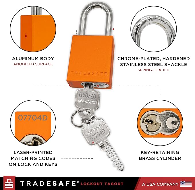 TRADESAFE Lockout Tagout Locks Set - 10 Orange Aluminum Loto Locks, Keyed Different Lock Out Tag Out Padlocks, 2 Keys Per Lockout Padlock, OSHA Compliant