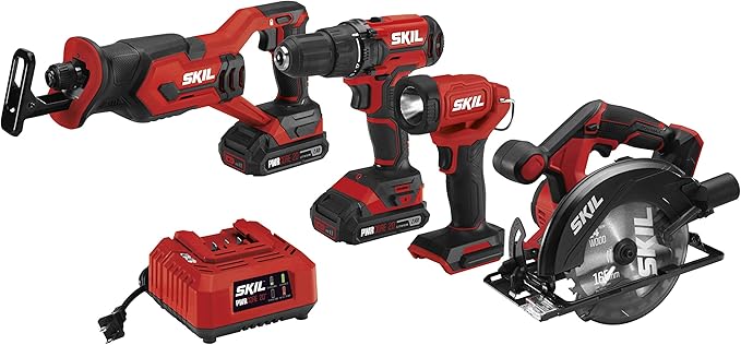 SKIL 20V 4-Tool Combo Kit: 20V Cordless Drill Driver Reciprocating Saw, Circular Saw and Spotlight, Includes Two 2.0Ah PWR CORE Lithium Batteries and One Charger - CB739701,Black, Red