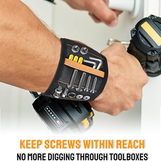 HiRui Magnetic Wristband for Tools – Ultra-Strong 15 Neodymium Magnets Hold Screws, Nails & Bits, Dual Pockets – Hands‑Free for DIY, Home Repairs, Auto – Gift‑Ready for Dad, Husband, Grandpa (Black)