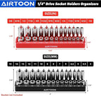 AIRTOON 1/4-Inch Drive Socket Organizer Trays, 2-Piece SAE and Metric Socket Tray Set, Deep and Standard Socket Holders Organizers for Toolbox, Black & Red