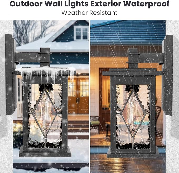 Aluminum Outdoor Wall Lights 14.5 Inch Exterior Porch Lights Wall Mount with Water Ripple Glass Black Outdoor Lighting Fixtures Wall Mount E26 Socket