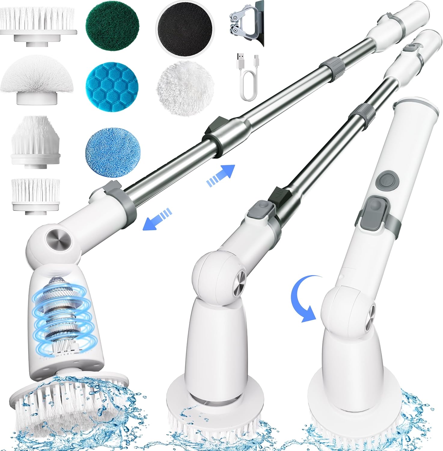 Electric Spin Scrubber,Floor Power Scrubber with Long Handle Dual Speeds,Cleaning Brush Cordless,Shower Scrubber Scrub Brush with 3 Adjustable Angles,8 Brush Heads for Bathroom Tile