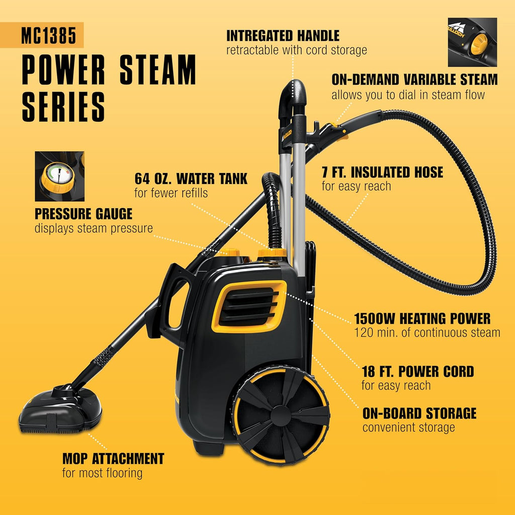 McCulloch MC1385 Deluxe Canister Steam Cleaner, 2-Hour Runtime, Chemical-Free, 23 Accessories: Mop Head, Brushes & More - Built for Home, Tile, Carpet, Furniture, & Personal Car Detailing