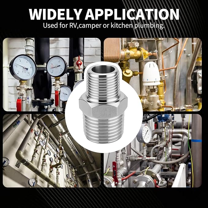 4 Pack 1/2 to 3/8 Reducer Faucet Adapter 304 Pipe Fitting 3/8 Male to 1/2 Male Supply Line Adapter for RV Kitchen Plumbing Water Hose Pipe Connector with Rubber Washer