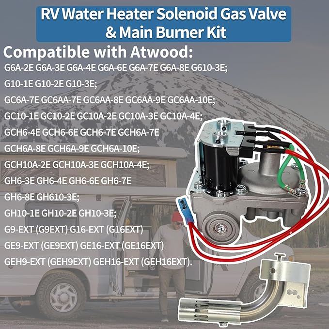 93844 RV Water Heater Solenoid Gas Valve & 91638 Main Burner Kit, Compatible with Atwood 6-Gallon Models G6A-8E, G6A-6E, GCH6-4E, GH6-6E, GCH6A-7E, GC6AA-10E, Replaces# 93844, 93870, 93321, 92078