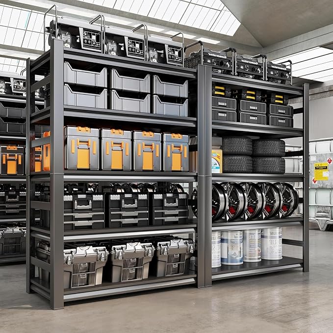 Garage Shelving Units, Heavy Duty 5-Tier Storage Shelves, Metal Adjustable Storage Rack, Steel Shelves, 2750 lbs Capacity, Industrial Shelving for Heavy Tools (Black, 23.62"Dx47.24"Wx87.87"H, 5-tier)