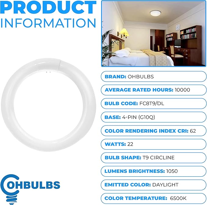 T9 Round Fluorescent Circline Lamp 22 Watts - G10Q 4-Pin Base - Ceiling Light Bulb with 6500K Daylight – 1050 Lumens