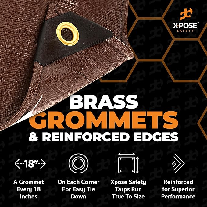 30' x 40' Super Heavy Duty 16 Mil Brown Poly Tarp Cover - Thick Waterproof, UV Resistant, Rip and Tear Proof Tarpaulin with Grommets and Reinforced Edges - by Xpose Safety