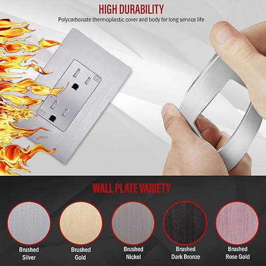 ENERLITES Elite Series Decorator Receptacle, Child Safe Tamper-Resistant Outlet, Self-Grounding, Residential Grade, 15A 125V, UL Listed, 61501-TR-SVWBP, Brushed Silver With Wall Plate