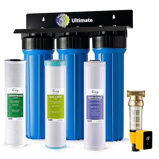 iSpring Whole House Water Filter System w/Auto-Flushing Spin Down Sediment Filter, Water Descaler, GAC+KDF, and Carbon Block Filter, WGB32B-KDS+WSP50ARB