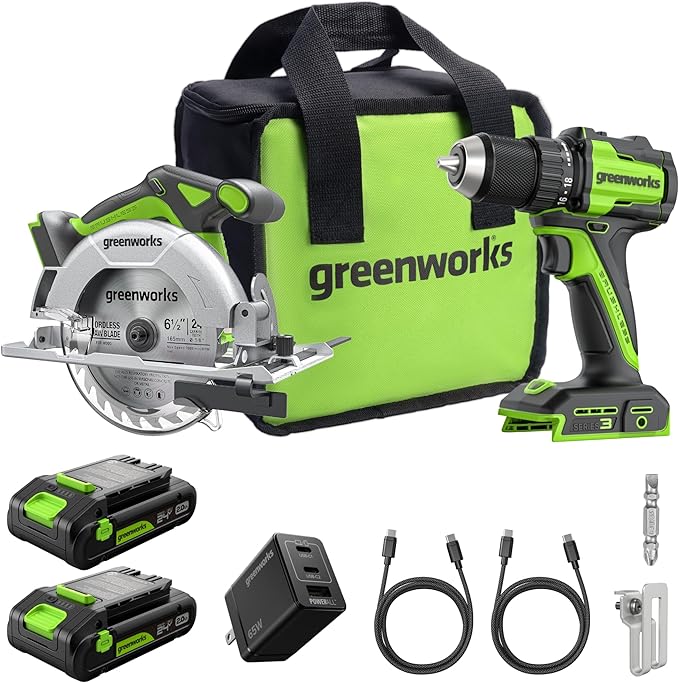 Greenworks 24V Cordless Brushless 400 in-lbs Drill/Driver + 6.5" Circular Saw, 4,800 RPM, Cutting Depth 45°/90° (2) 2.0Ah USB-C Batteries(12,000mAh Power Bank) and 65W USB-C Fast Charger(3-Port)