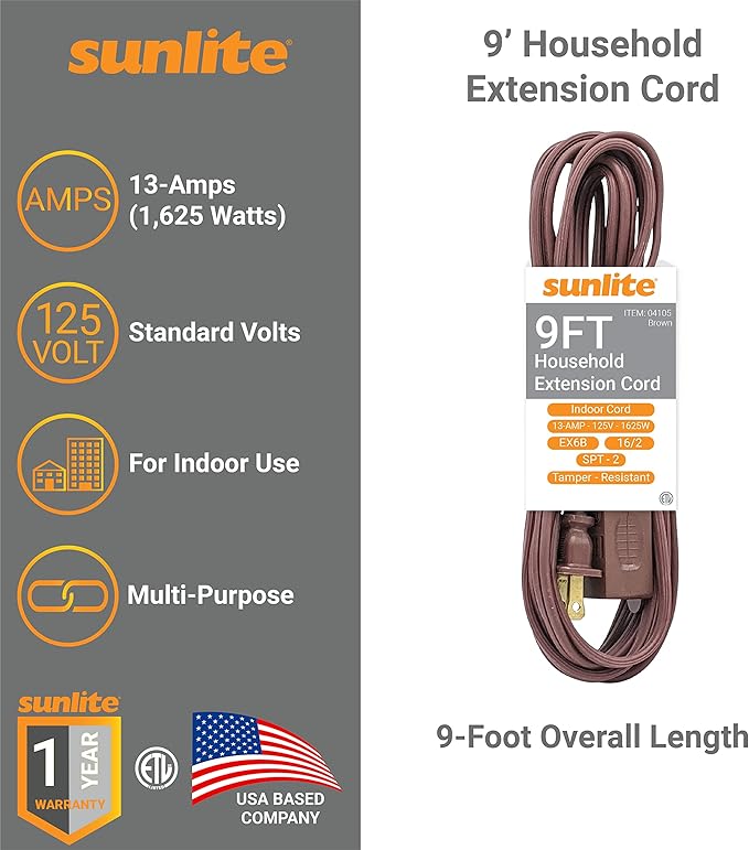Sunlite 04105-SU EX9/BR 9 Foot Household Extension Cord, 2 Prong, 16/2 Gauge 13 Amp, Brown 9'