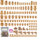 156PCS Brass Pipe Fittings Assortment Kit 1/8" 1/4" 3/8" 1/2" 3/4" NPT Adapter,Reducer Bushing, Hex Nipple, Reducing Hex Coupling,Hex Head Plugs,Street Elbow,Street Tee,Socket Plug