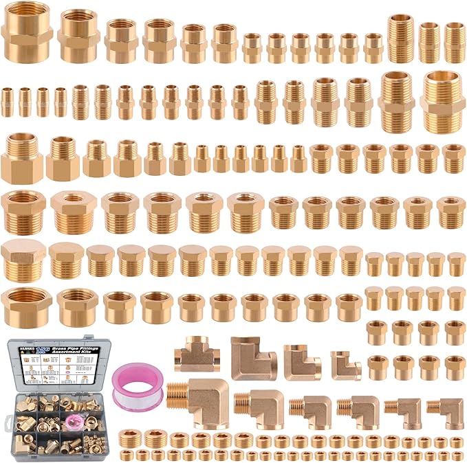156PCS Brass Pipe Fittings Assortment Kit 1/8" 1/4" 3/8" 1/2" 3/4" NPT Adapter,Reducer Bushing, Hex Nipple, Reducing Hex Coupling,Hex Head Plugs,Street Elbow,Street Tee,Socket Plug