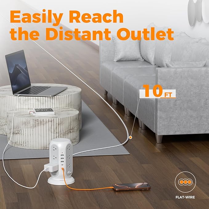 TESSAN Tower Power Strip with Individual Switches, Surge Protector with 12 Outlets, 5 USB Ports(2 USB C), Flat Extension Cord 10 Ft, Flat Plug, Charging Station for Multiple Devices, for Office, Dorm