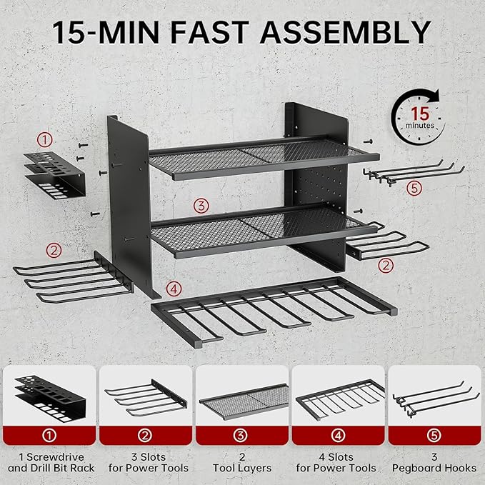 Power Tool Organizer Wall Mount, 3 Layer 8 Drill Holder Tool Shelf Storage Rack for Garage Organization, Birthday Gifts for Him Men Dad Husband Anniversary Fathers Day, Cool Gadget Stocking Stuffer