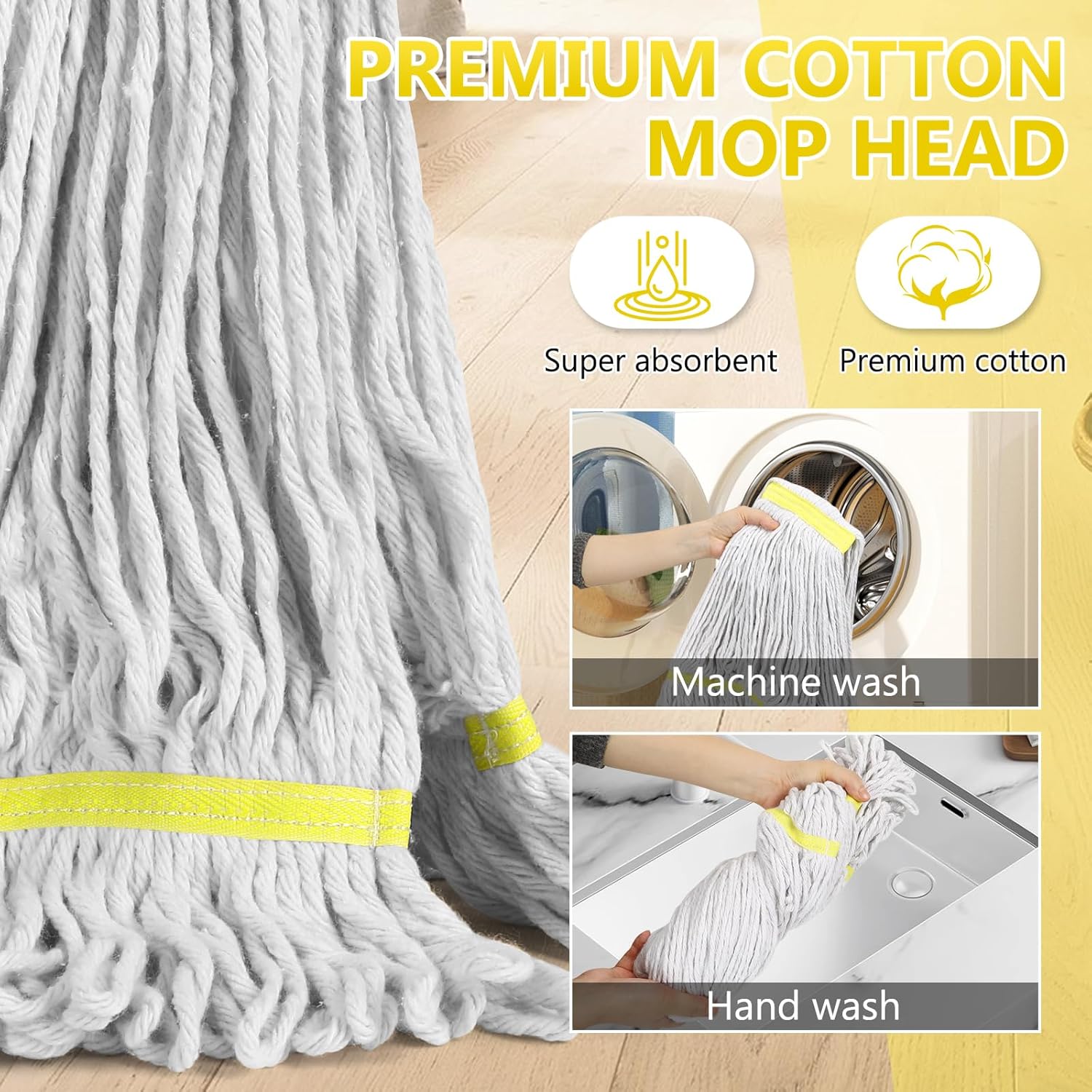 Beyoco Heavy Duty Commercial Industrial Cotton Mop with Long Handle,Looped-End String Wet Mops with Replacement Mop Head for Home,Garage,Office, Workshop, Warehouse Floor Cleaning
