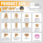 156PCS Brass Pipe Fittings Assortment Kit 1/8" 1/4" 3/8" 1/2" 3/4" NPT Adapter,Reducer Bushing, Hex Nipple, Reducing Hex Coupling,Hex Head Plugs,Street Elbow,Street Tee,Socket Plug