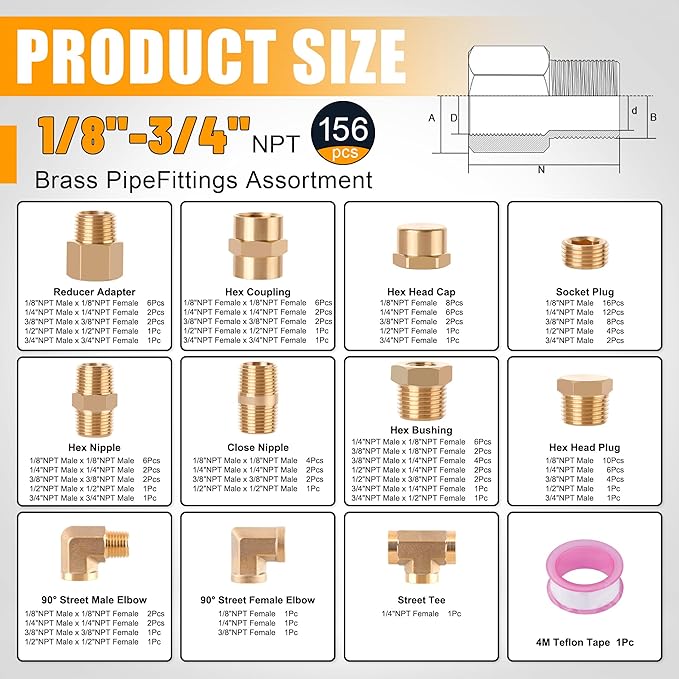 156PCS Brass Pipe Fittings Assortment Kit 1/8" 1/4" 3/8" 1/2" 3/4" NPT Adapter,Reducer Bushing, Hex Nipple, Reducing Hex Coupling,Hex Head Plugs,Street Elbow,Street Tee,Socket Plug
