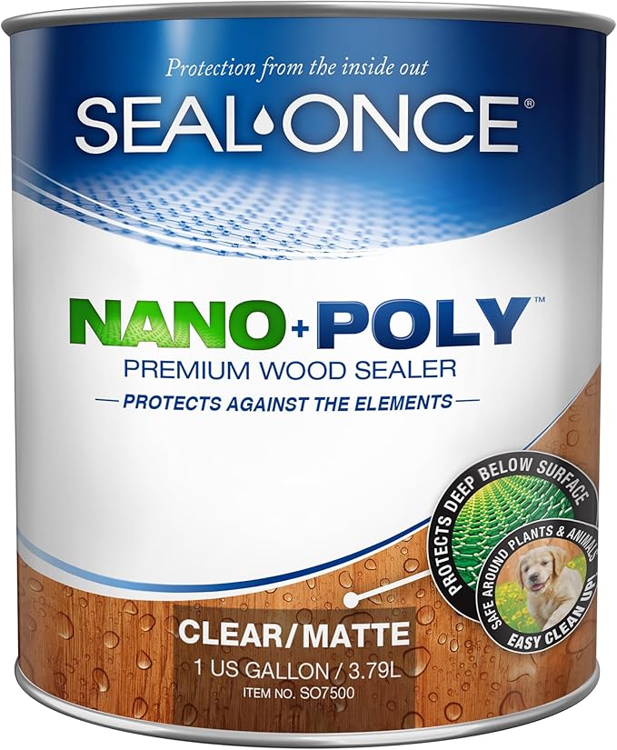 SEAL-ONCE NANO+POLY Penetrating Wood Sealer with Polyurethane - 1 Gallon. Water-based, Low-VOC, waterproofer & stain for decks, fences & log homes.