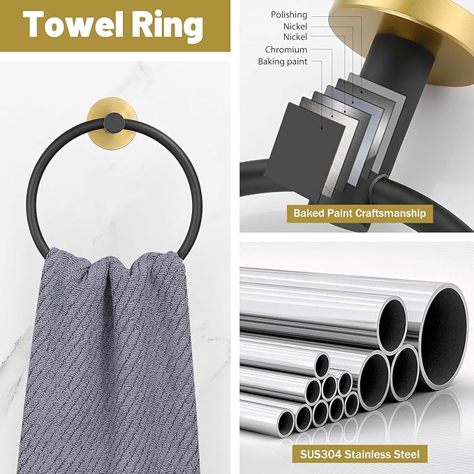 Black and Gold Towel Bar Set 10 Pieces Bathroom Hardware Accessories Set Include 23.6 in Towel Bar Towel Ring Towel Hook and Toilet Paper Holder Stainless Steel Wall Mounted