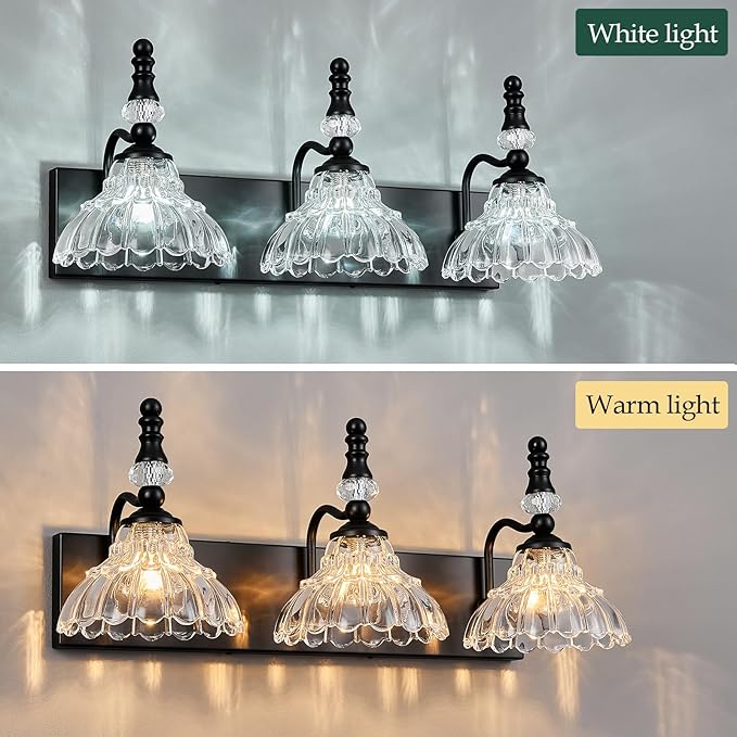 Vintage Bathroom Vanity Light, 3-Light Black Vanity Lighting Fixture with Flower Glass Shade, Bathroom Lighting Fixtures Over Mirror