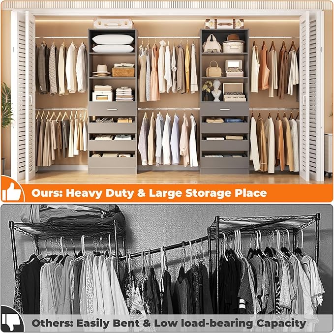 Aheaplus Closet System Set of 2, 4-9Ft Wood Closet Organizer with Drawers & Shelves, Closet Organizer System with 8 Hanging Rods, Walk-in Closets Organizer Wardrobe Closet Rack, Grey1