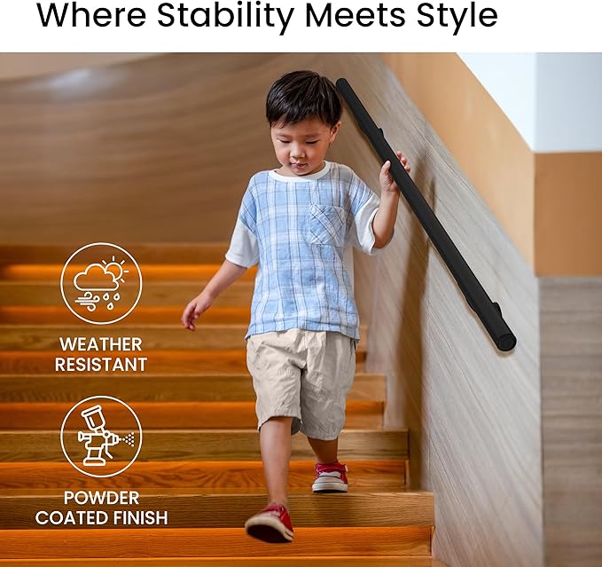 Meranti Aluminum Handrail for Indoor or Outdoor Steps and Stairs – Hand Rails for Elderly – DIY Complete Stair Railing Kit (AHR, Black Textured, 5' Length)