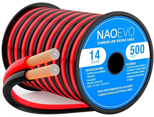 NAOEVO 14 Gauge Wire 500FT, 2 Conductors Electrical Wire Red Black Cable, Flexible/Low Voltage/PVC 14 AWG Copper Clad Aluminum Extension Cord for Speaker, LED Strips, Automotive 12V/24V DC