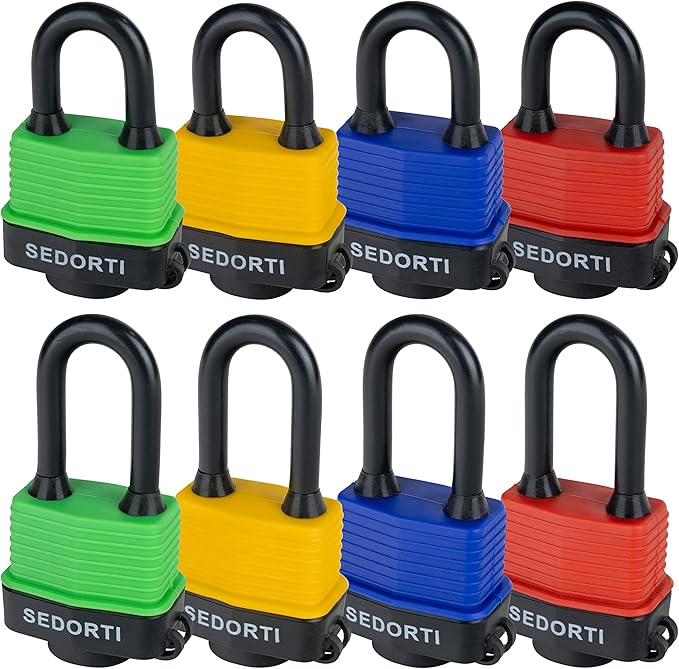 Colored Waterproof Padlocks, Heavy Duty Laminated Steel Lock with Red Plastic Covered, Keyed Alike Outdoor Locks, Can Be Used as Lockout Tagout Lock, Long Padlocks, Pack of 12