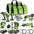 Greenworks 24V Cordless Brushless 8PCs Combo, Drill+Impact Driver+Circular Saw+Recip Saw+Jig Saw+Sander+Flashlight+Oscillating Tool (2) 2.0Ah+4.0Ah Batteries (24,000mAh Power Bank) 65W USB-C Charger