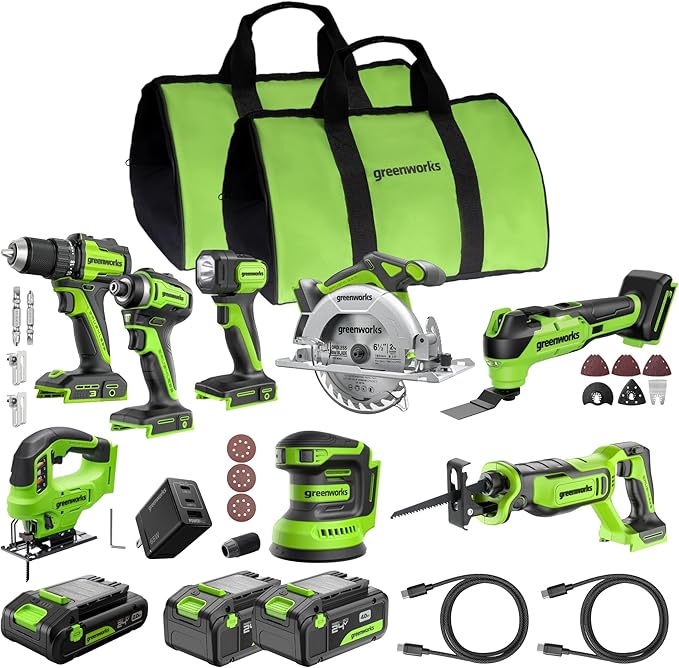 Greenworks 24V Cordless Brushless 8PCs Combo, Drill+Impact Driver+Circular Saw+Recip Saw+Jig Saw+Sander+Flashlight+Oscillating Tool (2) 2.0Ah+4.0Ah Batteries (24,000mAh Power Bank) 65W USB-C Charger