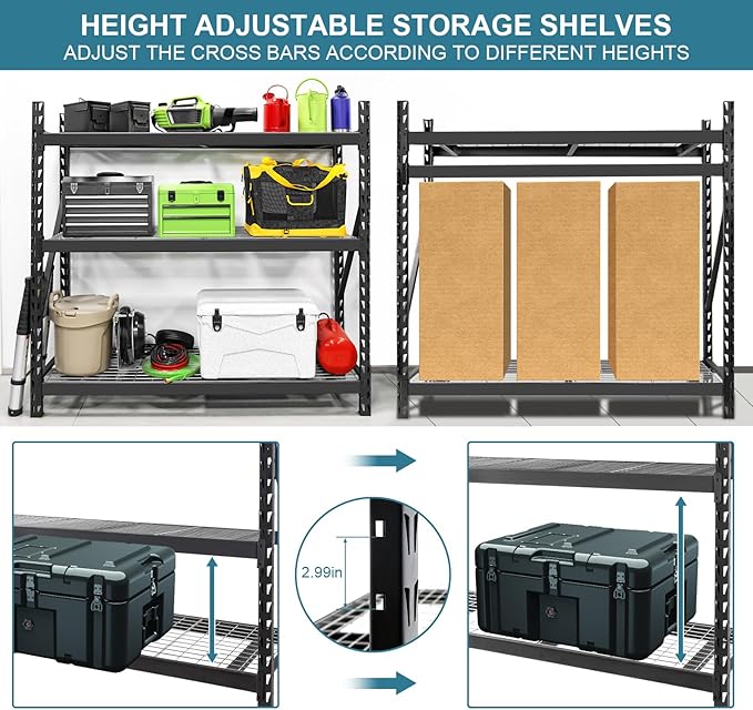 Garage Storage Shelves - Heavy Duty 72”H x 77”W x 24”D Adjustable 3-Tier Metal Shelving Rack, 6000LBS Capacity - Ideal Garage Shelving for Storage Solutions