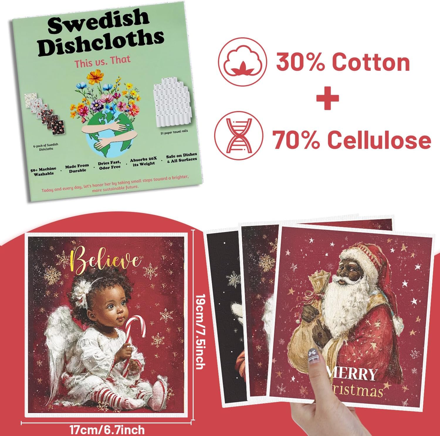 Christmas Swedish Dishcloths for Kitchen, 6PCS Black Girl and Santa Swedish Dish Cloths Gift Set, Reusable Washable Absorbent Dish Towel for Xmas Home Cleaning(7.8 X 7 Inches)