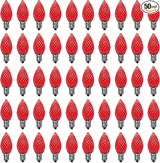 Meconard C7 Led Replacement Christmas Light Bulbs, C7 Shatterproof Led Bulbs for Christmas Indoor Outdoor String Lights, E12 Candelabra Base, Commercial Grade Holiday Bulbs, Red, 50 Pack