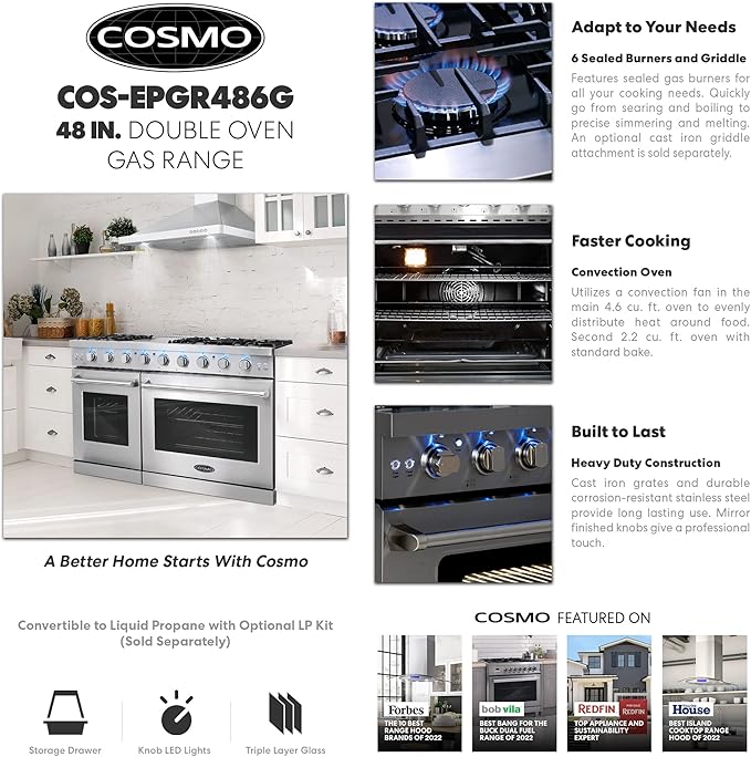 COSMO COS-EPGR486G 48 in. Haven Collection 7 cu. ft. Double Oven Gas Range, 6 Burners, Griddle, Convection, Knob LEDs, Stainless Steel