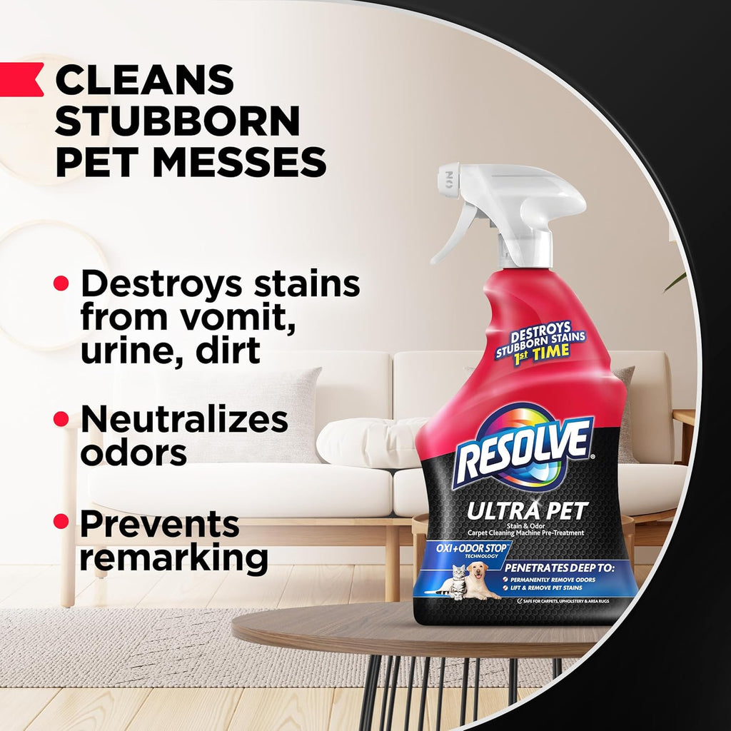 Resolve Ultra Pet Odor and Stain Remover Spray – Carpet Cleaner for Cat and Dog Urine and Poop, 32oz