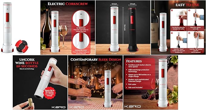 Rechargeable Electric Wine Opener | Electric Corkscrew Wine Bottle Opener With Foil Cutter | Gift for Wine Lovers (white)
