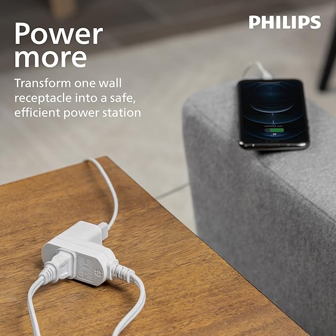 Philips 3-Outlet Flat Plug Extension Cord - 6 Ft, Indoor Use, Safety Slide, 2 Prong White, ETL Listed SPS3613W/37 (Pack of 12)