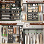 Aheaplus Closet System with Drawers Set of 2, Wood Closet Organizer System with 8 Hanging Rods & Top Shelves, Walk-in Closets Organizer Wardrobe Clothes Rack, Cut Fits Spaces 4-9FT. Wide, Black Oak