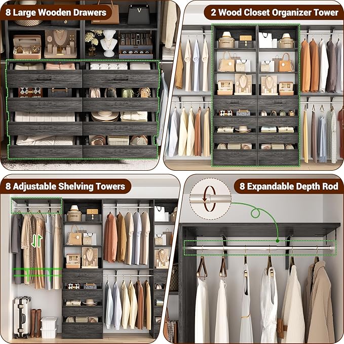 Aheaplus Closet System with Drawers Set of 2, Wood Closet Organizer System with 8 Hanging Rods & Top Shelves, Walk-in Closets Organizer Wardrobe Clothes Rack, Cut Fits Spaces 4-9FT. Wide, Black Oak