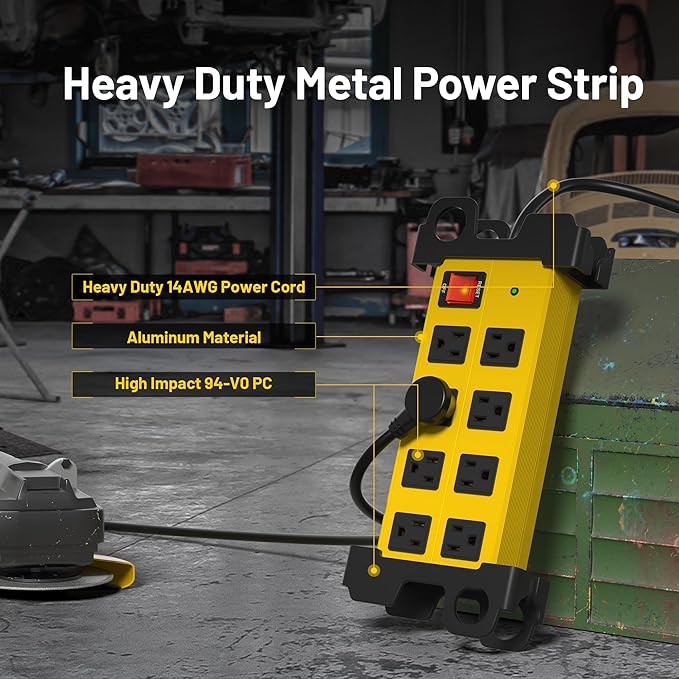 Heavy Duty Power Strip 8 Outlets - Surge Protector 2700J with 10FT Long Extension Cord, Industrial Metal Powerstrip 15Amp, Wall Mount Plug for Garage Workshop Outdoor Home Office, Wide Spaced (10ft)