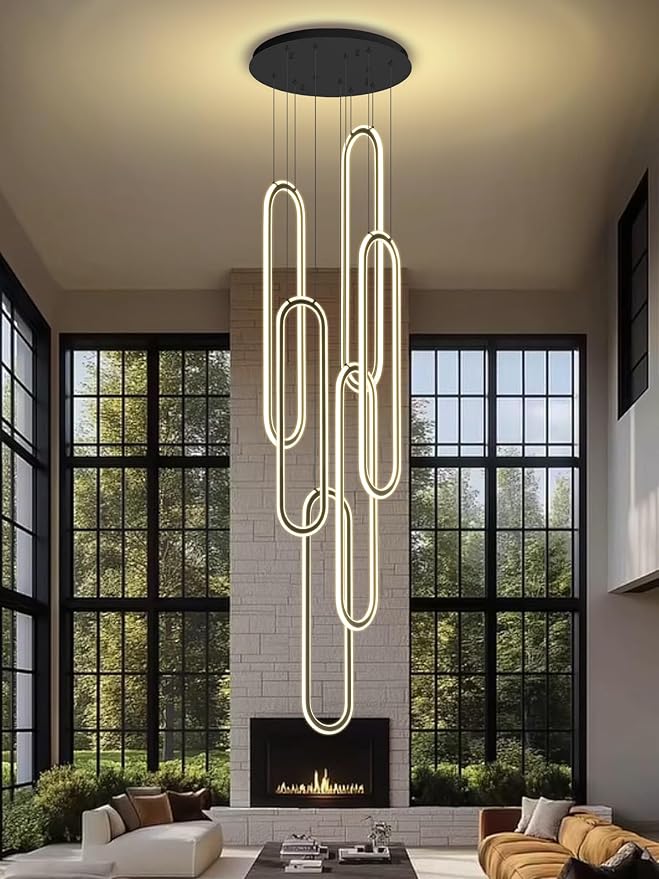 Flashing God H138 Modern Chandelier 6-Rings Large Chandelier for High Ceiling Led Dimmable Ring Pendant Lighting Black Contemporary Chandeliers for Villa Foyer Entrance Living Room
