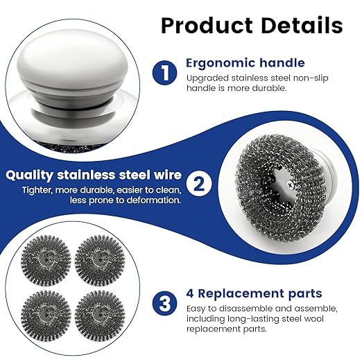 5Pcs Steel Wool Scrubber with Handle - Stainless Steel Scouring Pads Set for Cast Iron, Pans, Grill, Sink Cleaning(1 Scrubber+4 Pads)