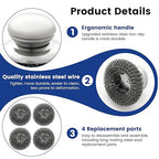 5Pcs Steel Wool Scrubber with Handle - Stainless Steel Scouring Pads Set for Cast Iron, Pans, Grill, Sink Cleaning(1 Scrubber+4 Pads)