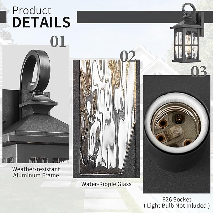 Darkaway Outdoor Light Fixtures Wall Mount, 2pcs Outside Wall Lights Exterior Lighting Fixture with Water Ripple Glass Outdoor Wall Sconce for House Porch Hallway Garage Front Door