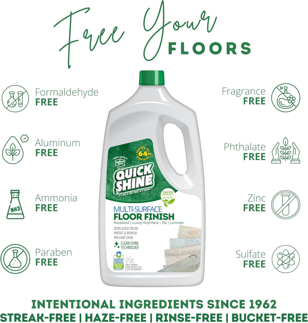 Quick Shine Multi Surface Floor Finish 64oz | Cleaner & Polish to use on Hardwood, Laminate, Luxury Vinyl Plank LVT, Tile & Stone | Safer Choice w/Clean Shine Technology | Shine-Protect-Refresh