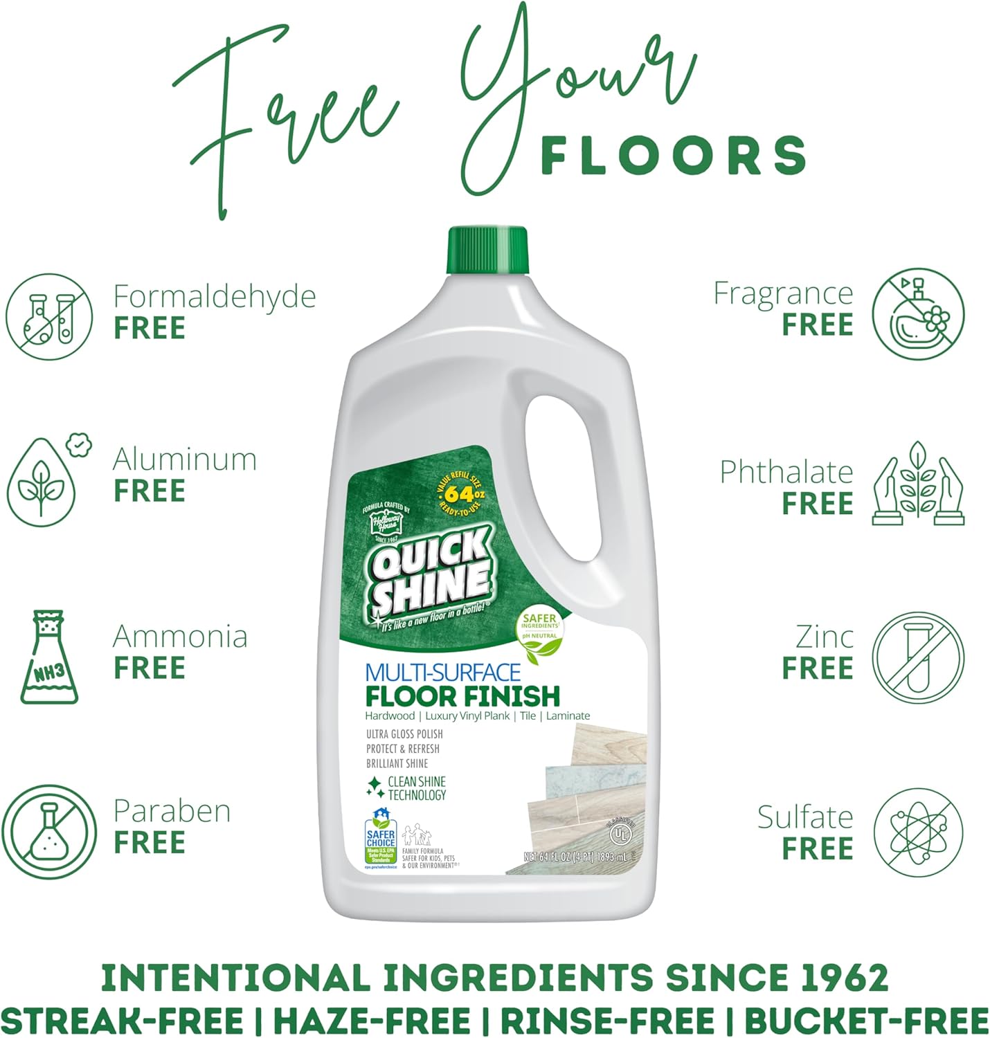 Quick Shine Multi-Surface Floor Finish-Polish 64oz-4pk | Safer Choice, No PFAS, pH Neutral Clean Shine Technology | Squirt & Spread | For Wood, Laminate, LVP, LVT, Tile & Stone | Made in USA